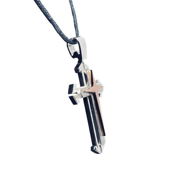 Men's Stainless Steel Two Tone Cross Pendant (6124) - Picture 2 of 5